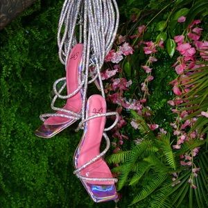 Iridescent Pink Lace Up Diamond Heels